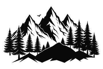 Obraz premium Majestic mountain range with tall pine trees and a serene landscape showcasing nature's beauty at dusk