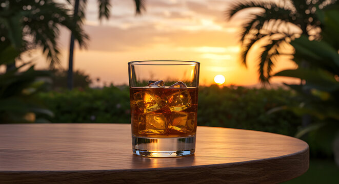 Enjoy a relaxing evening with a glass of amber whiskey on the patio, as the sun sets over the tropical paradise. - Powered by Adobe