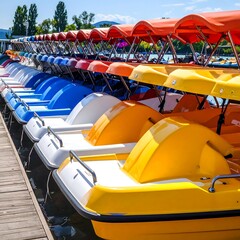 Colorful paddle boats lined up at dock