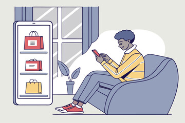 Man browsing online shopping on smartphone while relaxing at home in cozy atmosphere with plants and warm lighting