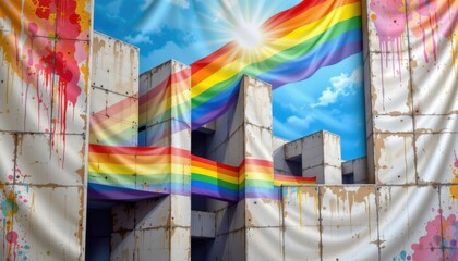 a cultural architectural lgbt pride background featuring brutalist concrete forms with rainbow accents, on silk with metallic pride highlights, used in unity themed pride murals.