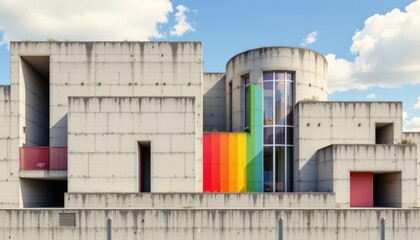 a cultural architectural lgbt pride background featuring brutalist concrete forms with rainbow accents, using ancient ink on paper styles with modern pride colors