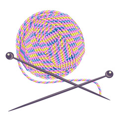 Multicolored ball of yarn and knitting needles. Vector illustration on a white background.