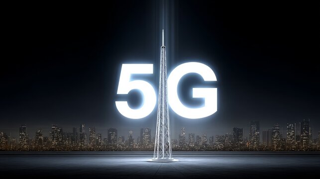 High-speed data connection from 5g tower urban landscape digital technology environment radiating internet waves