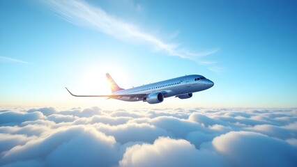 Obraz premium Passenger airplane flying at high altitude above a sea of clouds. Commercial jet soaring in the sunny blue sky on a journey.