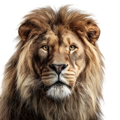 Fototapeta premium Lion in powerful front-facing pose and majestic mane and piercing eyes and bold wildlife portrait and isolated white background Batch realistic clean bright simple modern stock image isolated on p