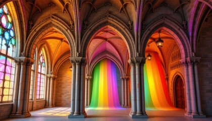 a cultural architectural lgbt pride background featuring gothic cathedral arches in rainbow lighting, featuring traditional woven textile backgrounds