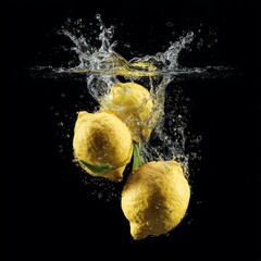 lemons falling into the water water splashes black solid background illustration small details 8k