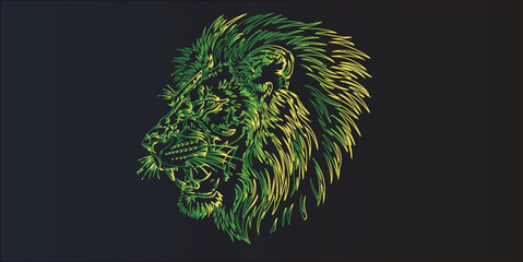 Vibrant neon lion head illustration in glowing green and yellow lines on dark background. Ideal for abstract, wildlife, digital art, symbolic, or tattoo themes. © Ahmad