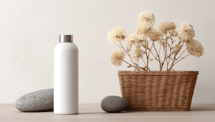 White bottle, dried flowers, basket, stones