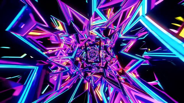 high resolution 4K party visual featuring ultraviolet geometric cave formations neon lighting effects creating energetic abstract motion background VJ loops digital stage
