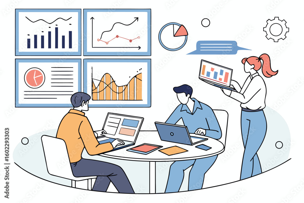 Poster team collaborates in a modern office setting to analyze data and develop strategies using charts and