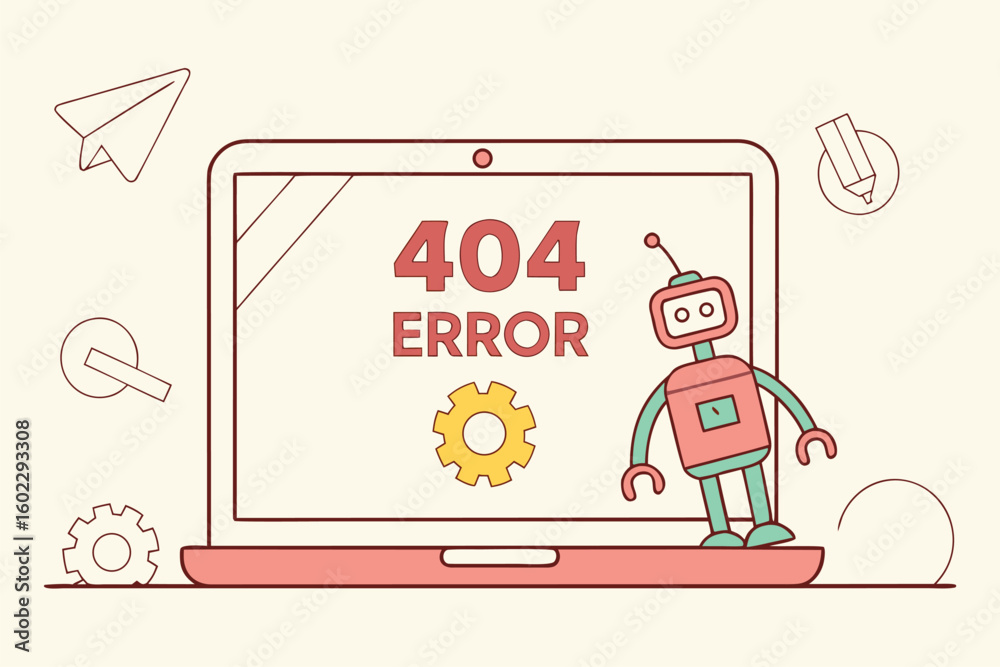 Poster robotic character stands next to a laptop displaying a 404 error message with gears and paper planes