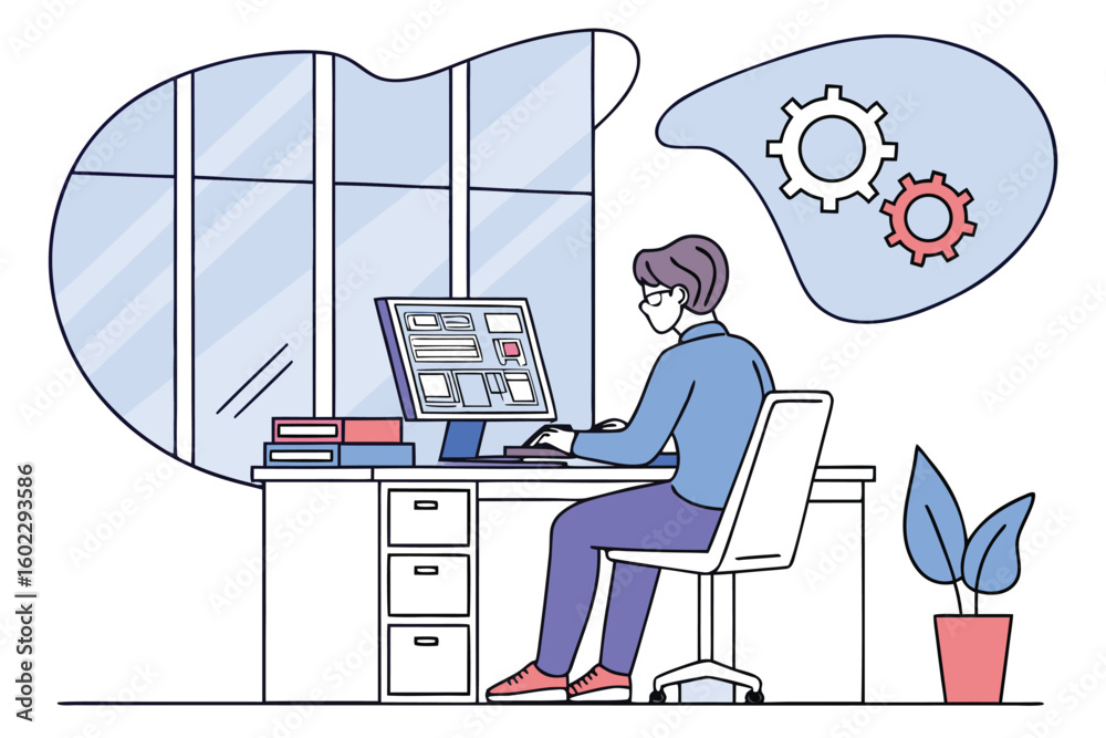 Poster working on a computer at a modern desk with a view of windows in a creative workspace during daytime