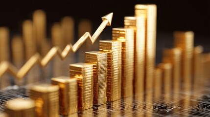 graph, bars rising on financial and depicting investment performance Golden economic prosperity 