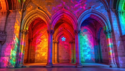 a cultural architectural lgbt pride background featuring gothic cathedral arches in rainbow lighting, on polished sandstone walls with soft rainbow overlays, used in unity themed pride murals.