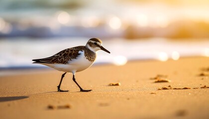 Obraz premium Coastal Serenity: A Sandpiper's Tranquil Stroll on a Golden Beach at Sunset