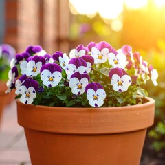 Colorful pansies in terracotta pot