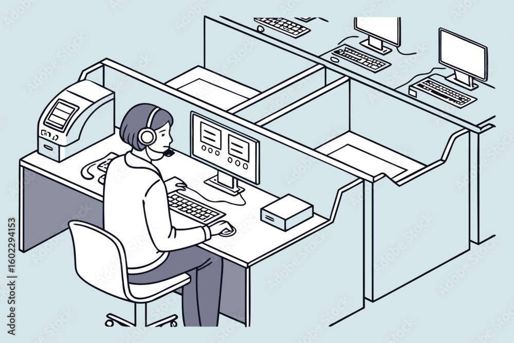 Poster customer service representative engaged in work at a modern office cubicle setup with computers and 