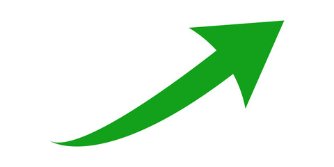Green upward arrow; dynamic growth, progress, success, positive trend, business infographic element.