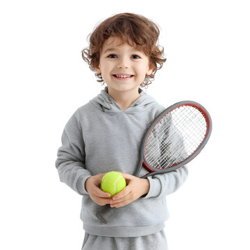 Little Caucasian boy smiling while holding a tennis racket and ball and  youthful energy and playful stance and  isolated white background Batch  realistic clean bright simple modern stock image isola