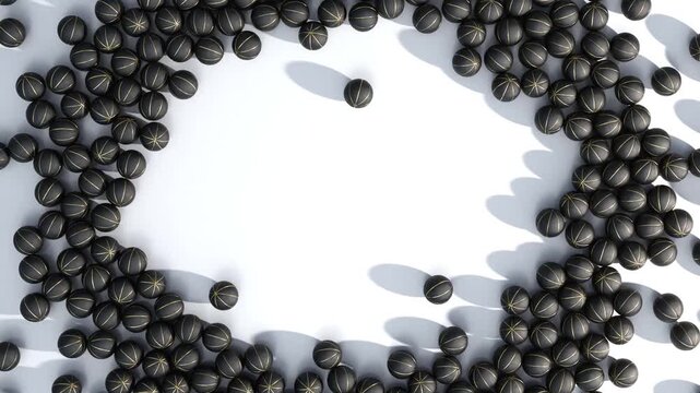 A large array of randomly spaced black basketball sports balls gathering up to create a clear circular area in the centre of the screen 