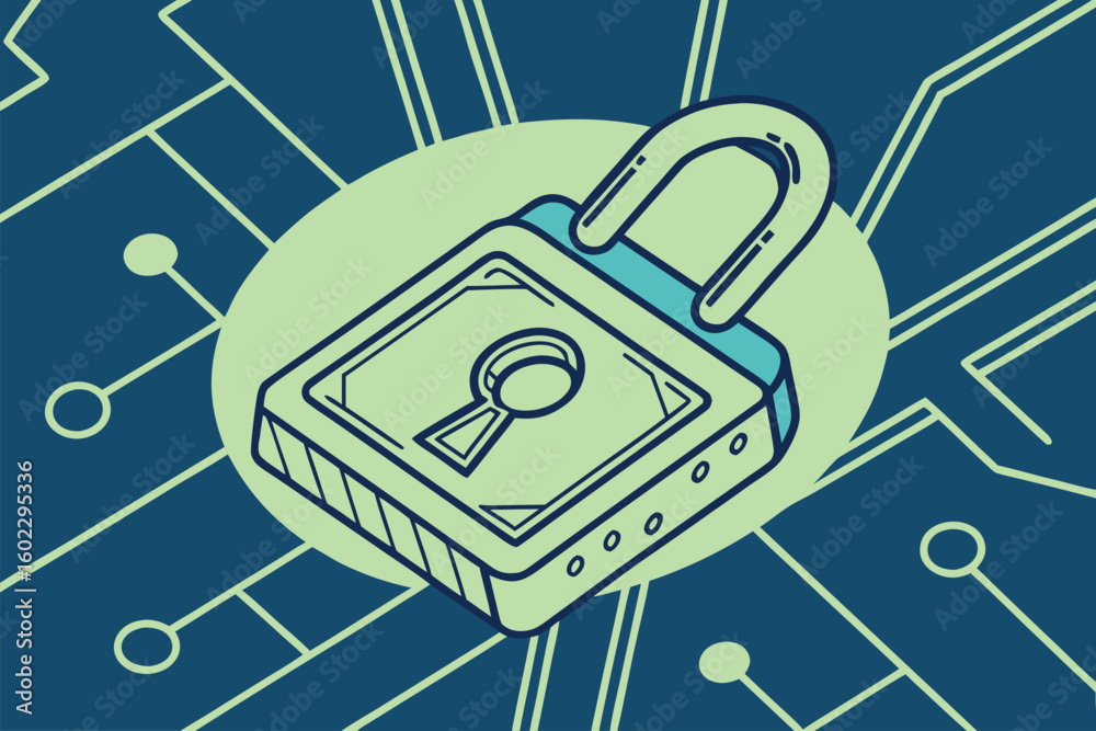 Aufkleber digital padlock symbolizing cybersecurity concepts with circuit board design in background highlight