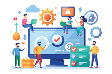 Digital teamwork in a modern workspace with technology, data analysis, and project management activities underway, illustrating collaboration and productivity