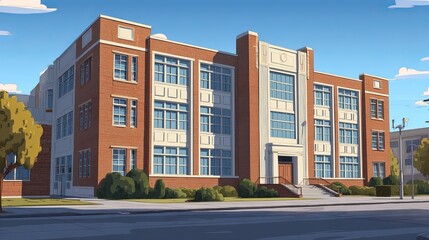 Obraz premium Colorful Modern Elementary School with Classrooms, Teachers, and Playground