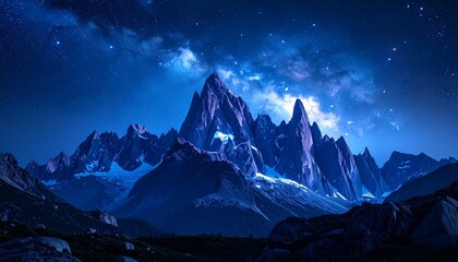 A surreal night mountain scene with exaggeratedly jagged peaks glowing under moonlight