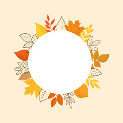 Autumn wreath frame with colorful fall leaves in hand-drawn and flat style. Circular composition on light background. Perfect for greeting cards, invitations, and seasonal templates.