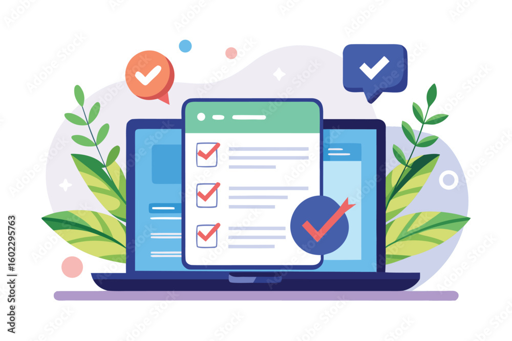 Poster checklist for task management on a laptop with colorful notifications and greenery in a digital work