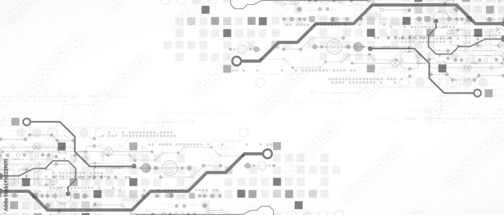 Poster technological background in gray colors. used technical lines and a pattern of squares with differen
