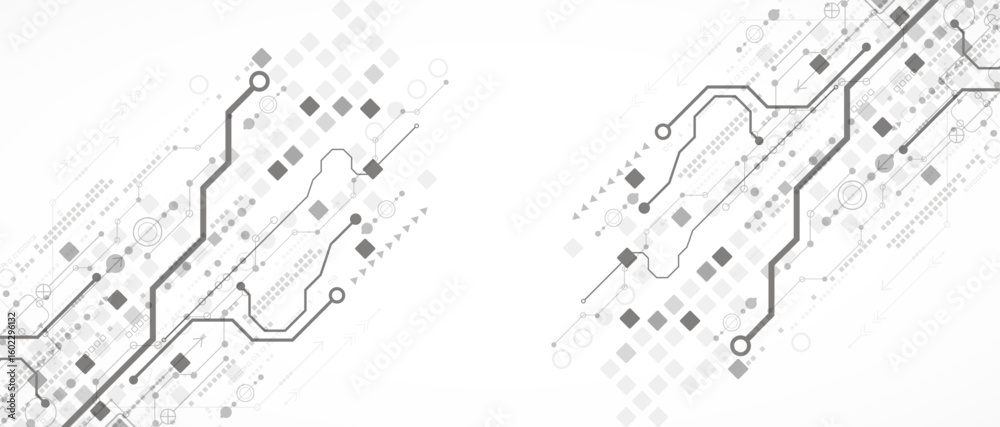 Poster technological background in gray colors. used technical lines and a pattern of squares with differen
