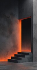 Dark concrete space with glowing orange steps and doorway