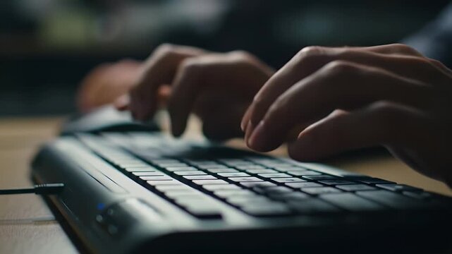 Close Up of Hands Typing on Black Keyboard with Soft Lighting and Wood Surface in Home Office Setting for Adobe Stock Photo