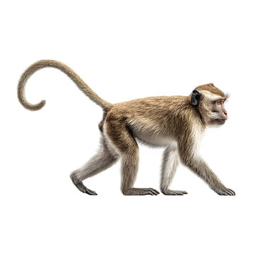 Macaque monkey walking with tail up and  side profile animal study and  realistic primate anatomy and  isolated white background Batch  realistic clean bright simple modern stock image isolated on pla