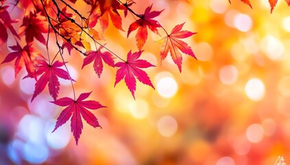 Fototapeta premium Close-up of vibrant red maple leaves with a bokeh background of warm, autumnal colors.