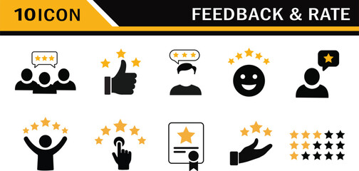 Feedback and Review Icon Set. Customer Rating, Five, Star, rating icon vector illustration.