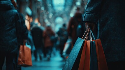 A person carries shopping bags amidst a blurred crowd on a city street, possibly during a festive season, indicated by out-of-focus lights.  The atmosphere is cool and somewhat moody