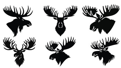 Silhouettes of 6 moose heads, all featuring prominent antlers.
