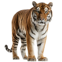 Obraz premium Majestic tiger standing on all fours and proud and alert and high-contrast wildlife portrait and isolated white background Batch realistic clean bright simple modern stock image isolated on plain 