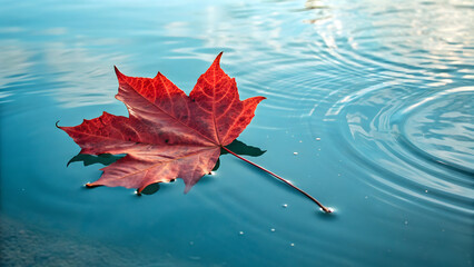 Floating Autumn Leaf: A vibrant red maple leaf delicately rests upon a serene water surface, its form mirrored in the tranquil ripples that emanate from its presence.
