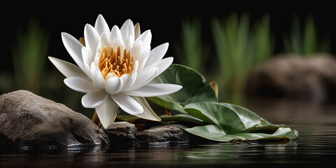 Serene Water Lily: A pristine water lily floats gracefully upon a tranquil surface, its delicate white petals contrasting with the darker backdrop, an embodiment of purity and peace.