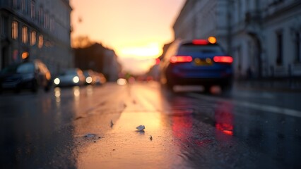 Cinematic City Street After Rain with Distant Car
