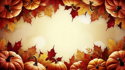 A beautiful autumn harvest background featuring a decorative frame of vibrant orange pumpkins and colorful fall leaves on a glowing, warm backdrop. - Powered by Adobe