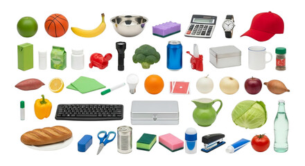 A diverse collection of everyday objects arranged on a transparent background isolated on transparent background