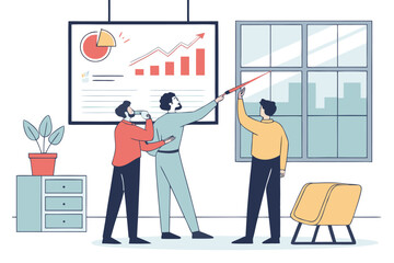 Team members collaborating in a modern office setting while discussing business growth trends and data analysis using visual graphs and charts