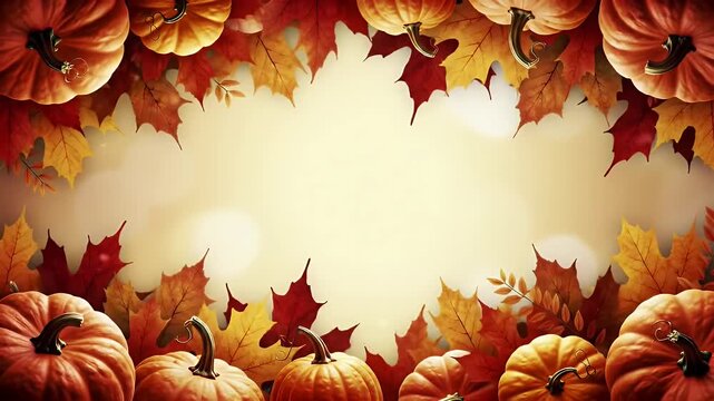 A beautiful autumn harvest background featuring a decorative frame of vibrant orange pumpkins and colorful fall leaves on a glowing, warm backdrop.