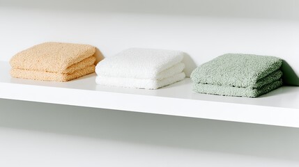 Folded towels on white shelf, minimalist bathroom